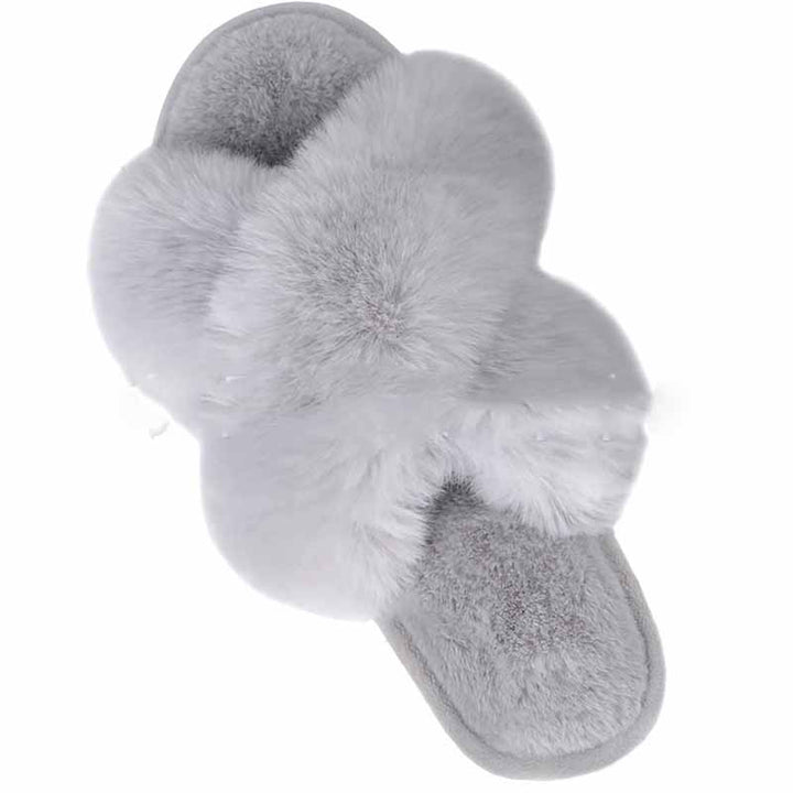Fluffiga tofflor i fuskpäls med korsade band