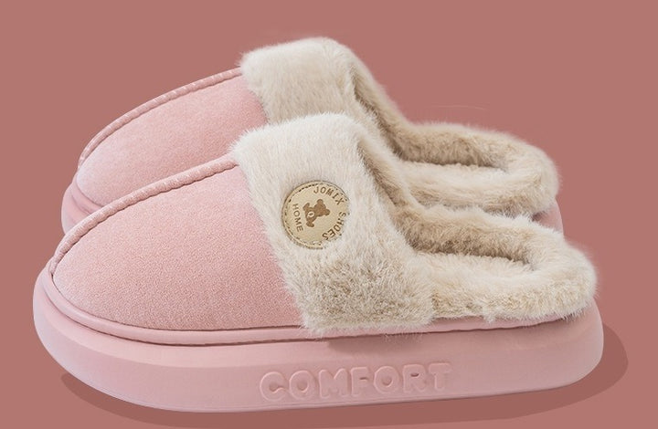 Fluffiga tofflor med pälskrage och platåsula