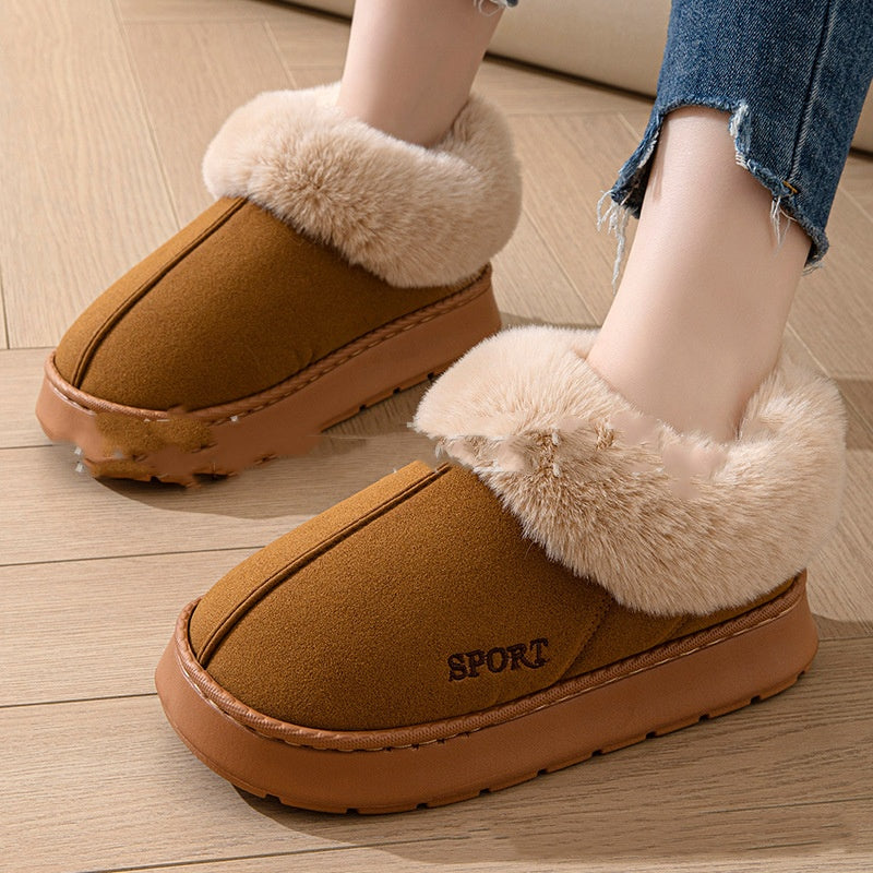 Beige platåtofflor med fuskpälskant