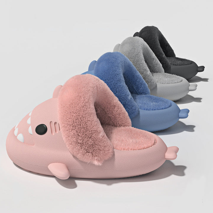Blå hajtofflor med fluffigt foder